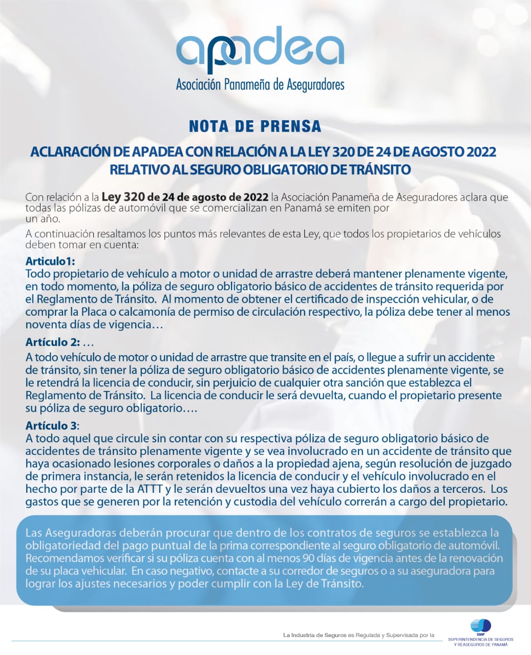 Aclaración de Apadea con relación a la Ley 320 de 24 de Agosto de 2022